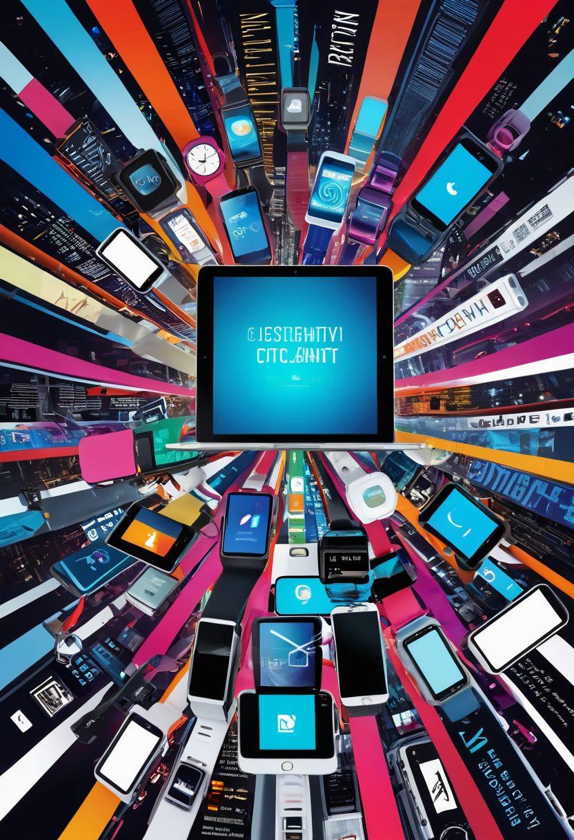 A vibrant collage showcasing a diverse array of tech gadgets like smartphones, laptops, and smartwatches, intertwined with a flowing ribbon of compelling text that symbolizes engaging content. In the background, silhouettes of bustling cities and digital screens representing the fast-paced world, merging technology with creativity. Bright colors contrasting light and dark for a dynamic feel. digital art. vibrant colors. white background.