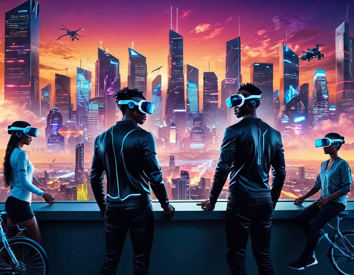 A futuristic scene showcasing diverse people engaging with various emerging technologies, such as virtual reality headsets, drones, and smart home devices, set against a vibrant city skyline at sunset. The imagery should reflect a blend of tech and lifestyle, with elements like bicycles, smart clothing, and social interactions. Include visual metaphors like a winding road leading into the horizon to signify staying ahead. vibrant colors. cyberpunk. super-realistic.