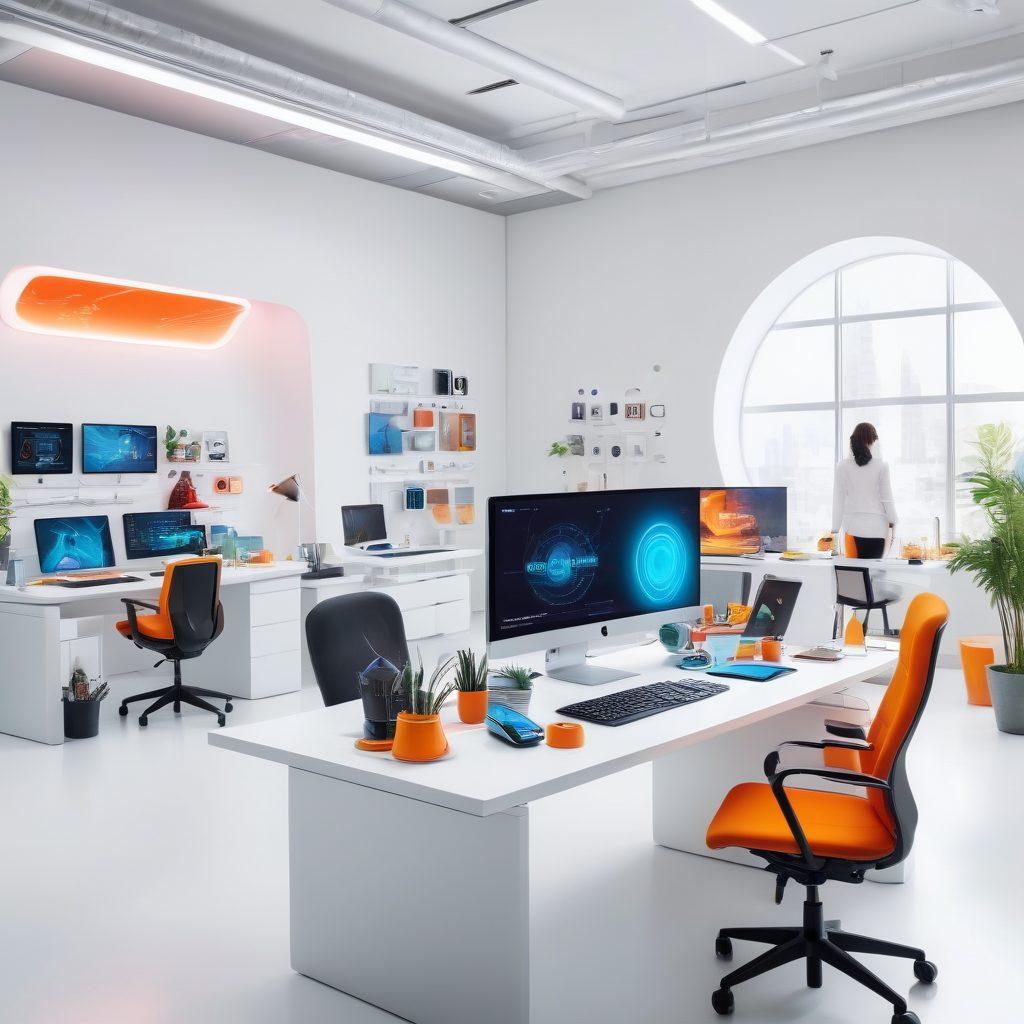 A dynamic scene showcasing a futuristic workspace filled with advanced technology gadgets and lifestyle accessories, vibrant colors highlighting innovative ideas and creativity in tech. Include a diverse group of bloggers sharing ideas, with digital screens displaying trending topics in tech and lifestyle. The atmosphere should inspire collaboration and forward-thinking. super-realistic. bright colors. white background.